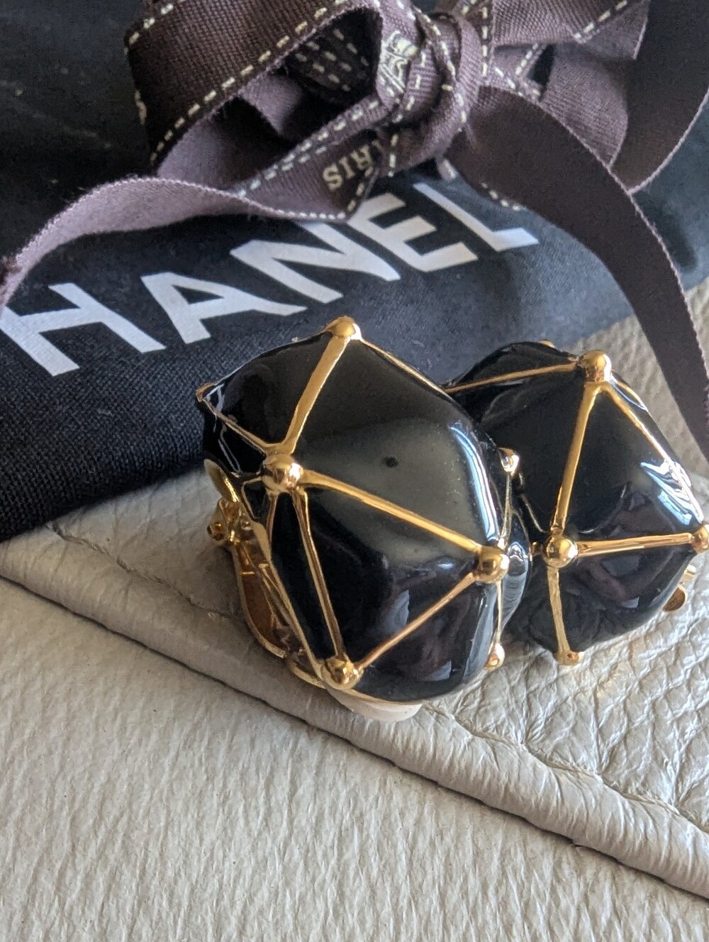 St. John Black and Gold Faceted Clip-On Earrings - Picture 2 of 10